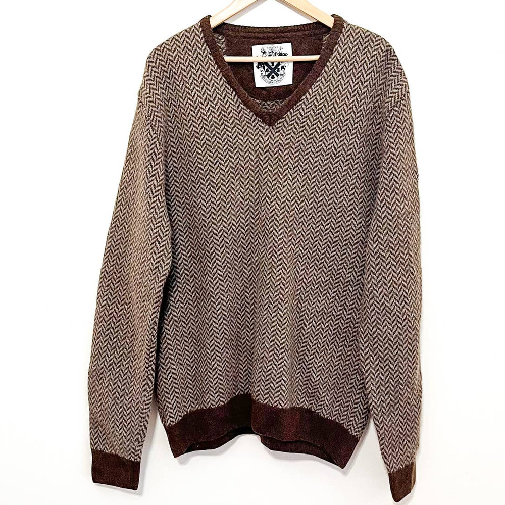 Barbour Mens Wool Chevron V-neck Sweater XXL Chocolate Log Cabin Rustic Academia
